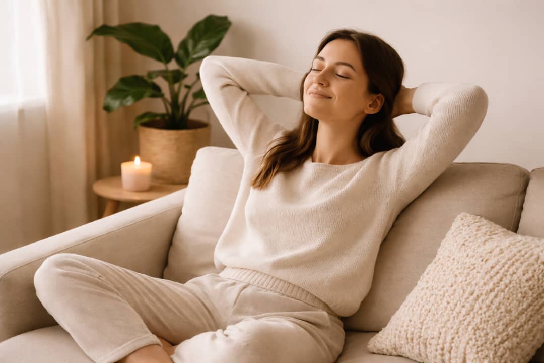 Woman practicing physician burnout prevention through rest and stress recovery at home