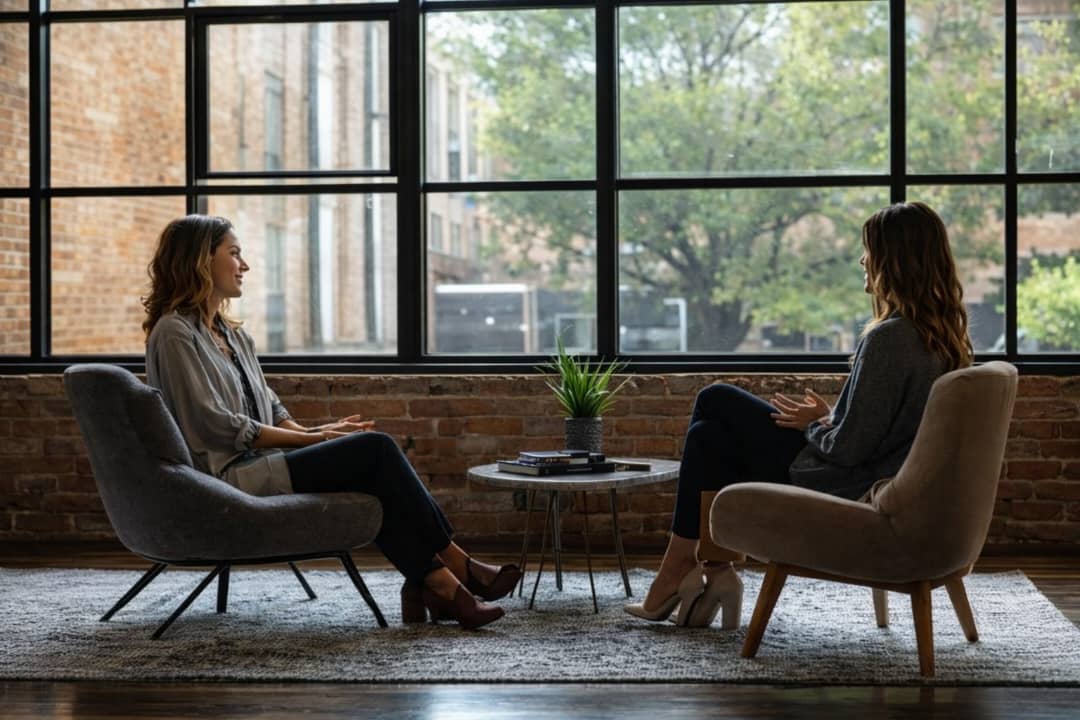 Female therapist and patient having a mental health counseling session discussing physician burnout and emotional stress recovery