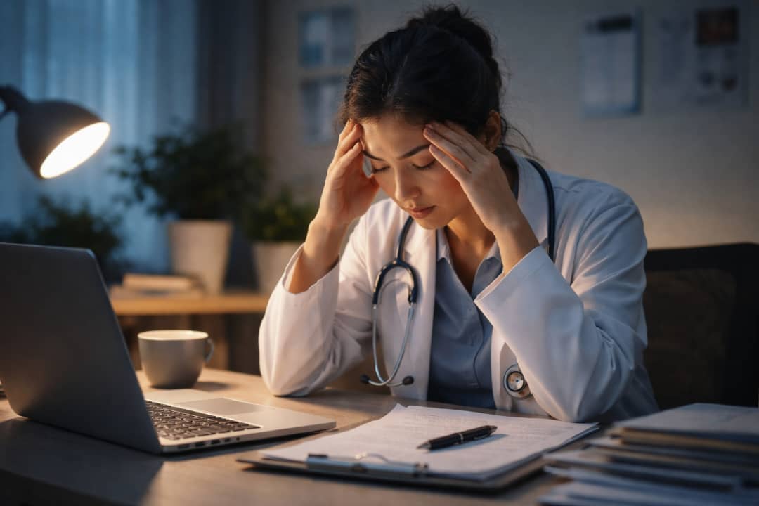 Doctor feeling stuck in medicine while working late at desk showing signs of emotional burnout