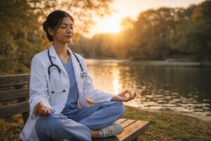 Physician practicing mindfulness outdoors as part of physician burnout prevention and stress recovery strategy